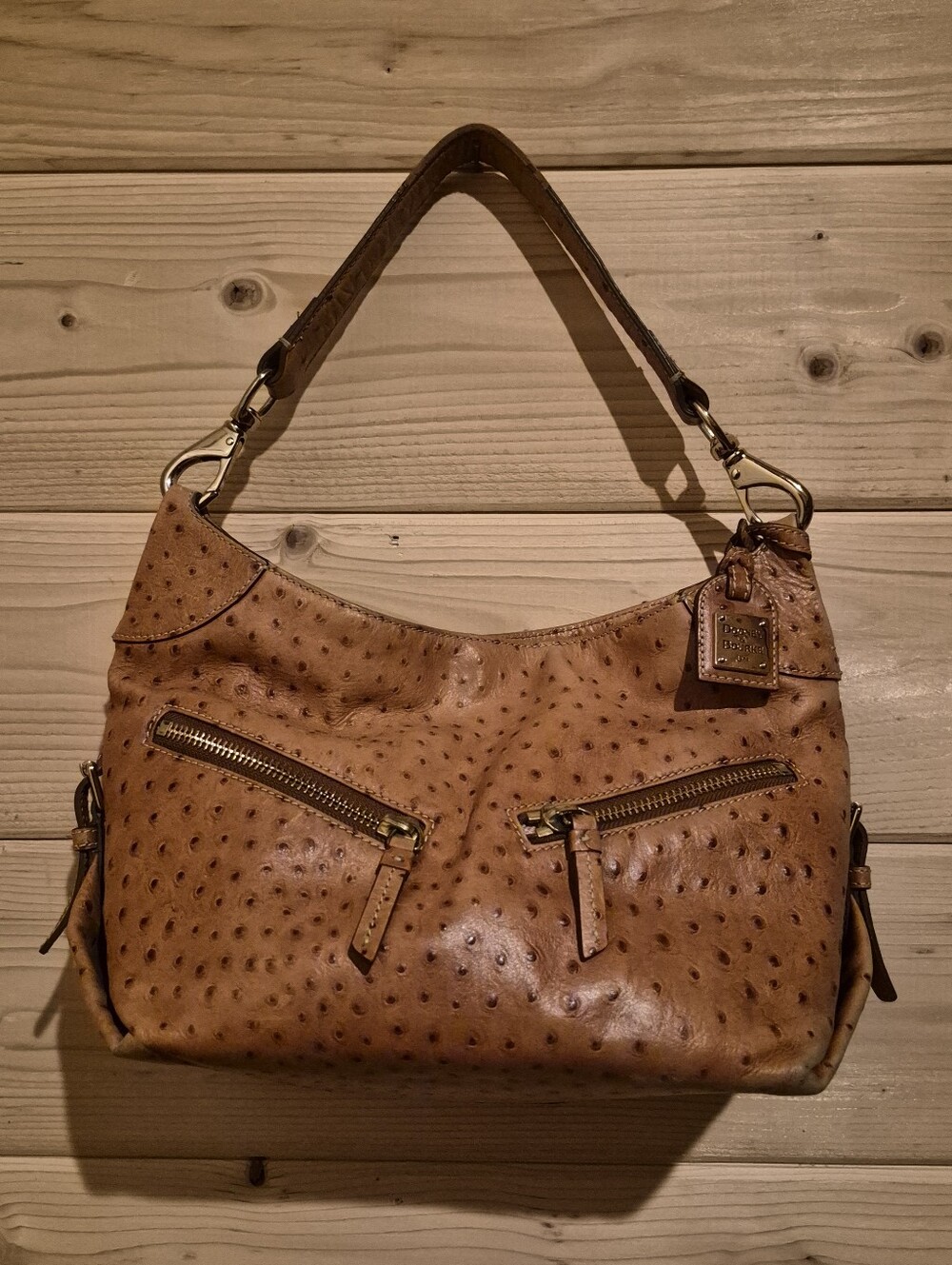 Dooney & Bourke Tan Ostrich Embossed Leather Shoulder Bag Size 14x9 Bottom Is 7"